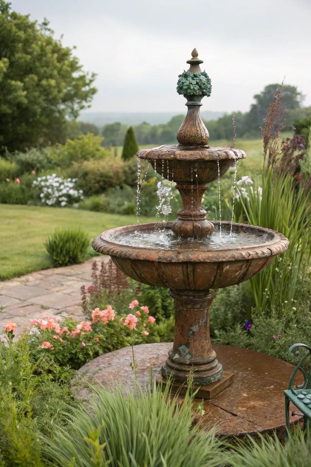 A rustic copper fountain with a weathered patina finish.