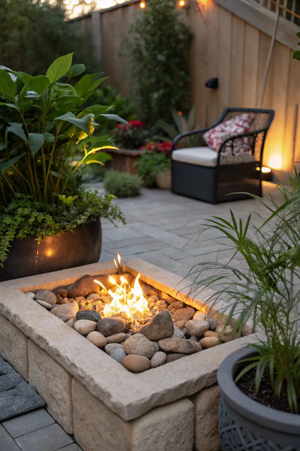 Decorative stones and plants breathe life into a fire pit area.