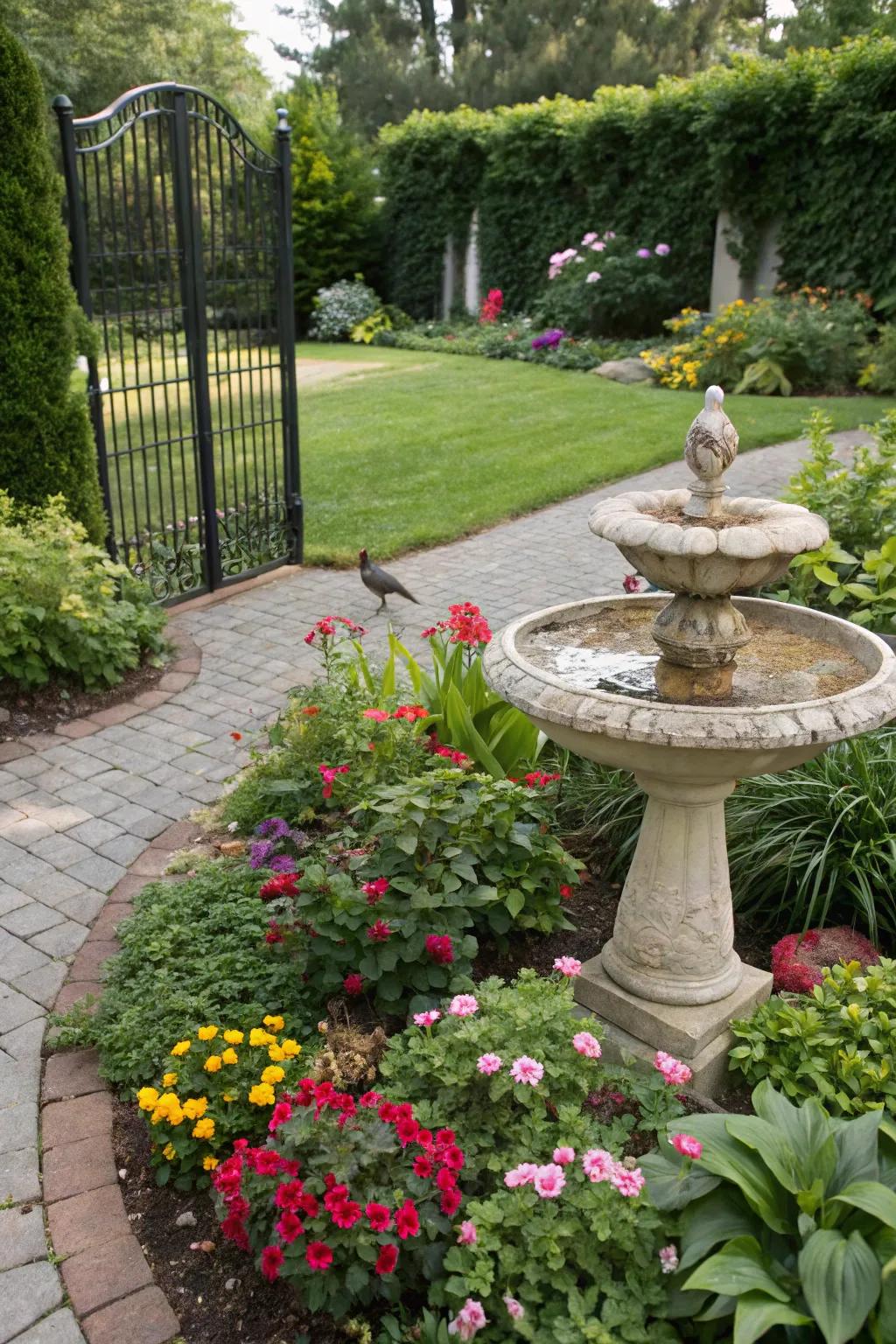 Garden decor adds whimsical charm to this floral corner.