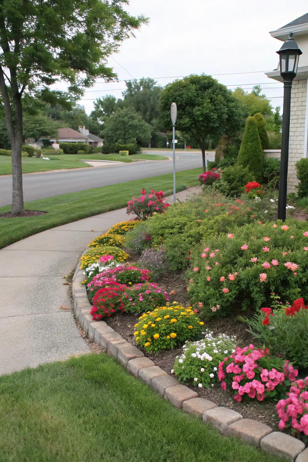 Landscaped borders with flowers and shrubs.