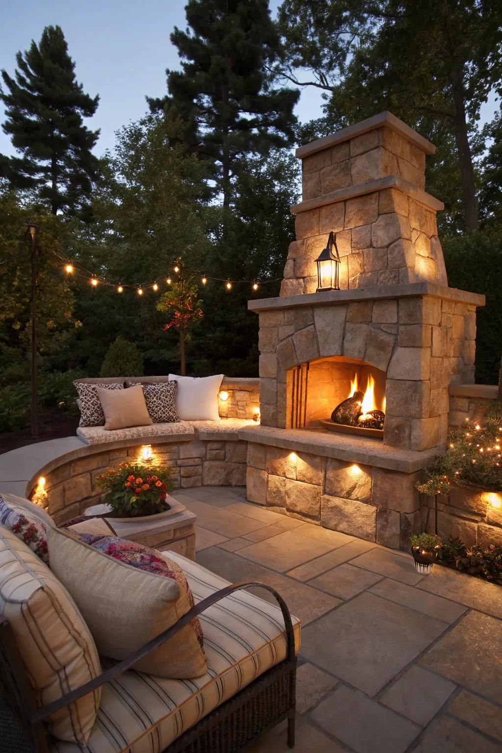 A corner fireplace with cozy built-in seating for gatherings.