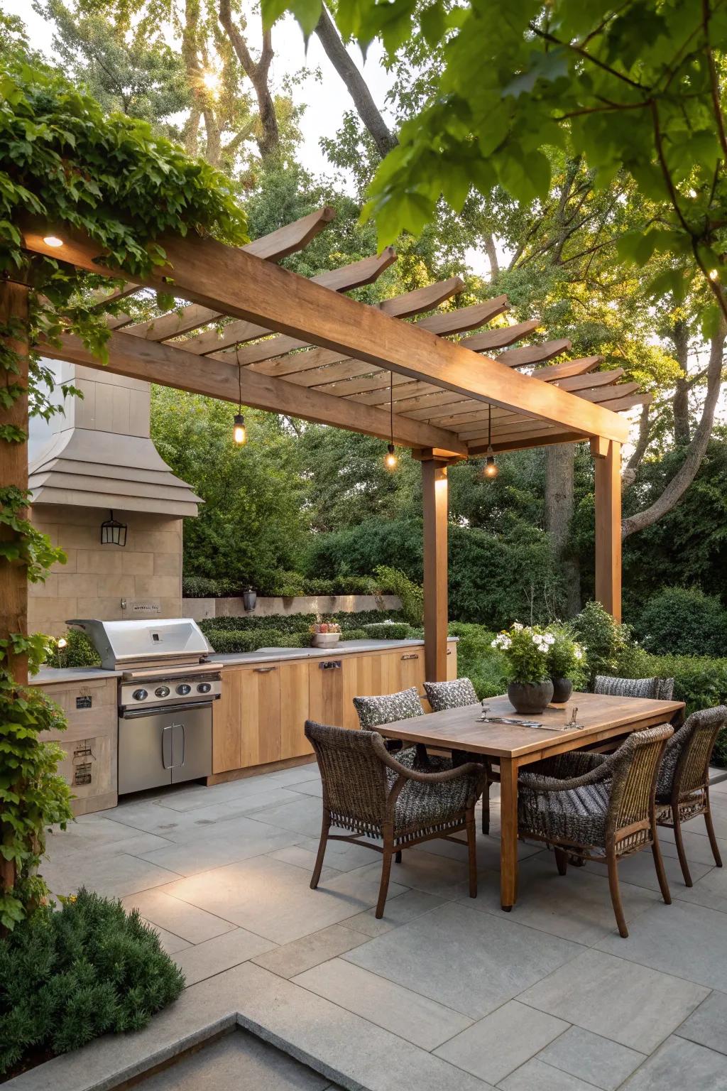 A pergola provides comfort and style to your outdoor kitchen.