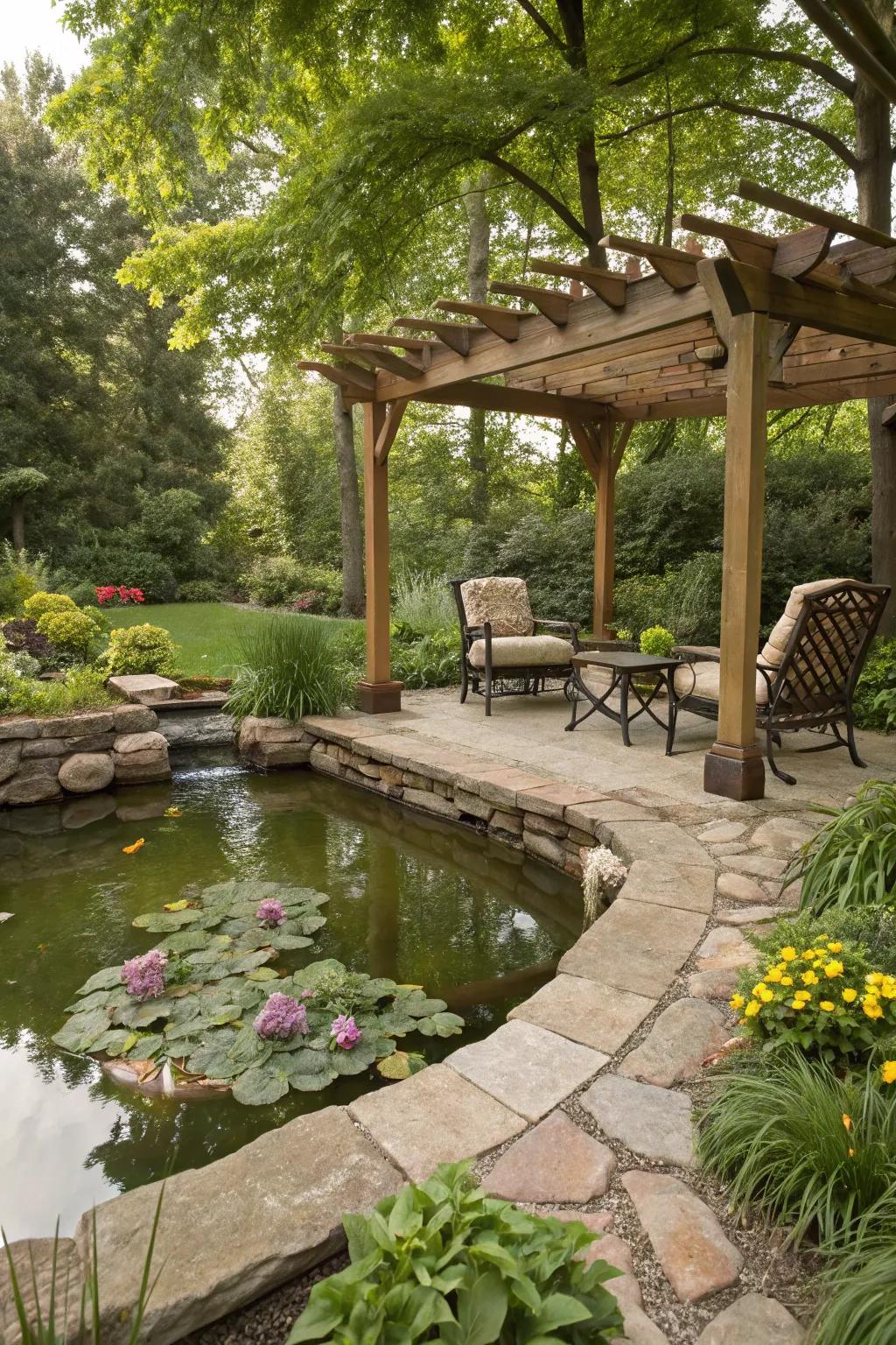 Relax by the pond with a charming pergola seating area.