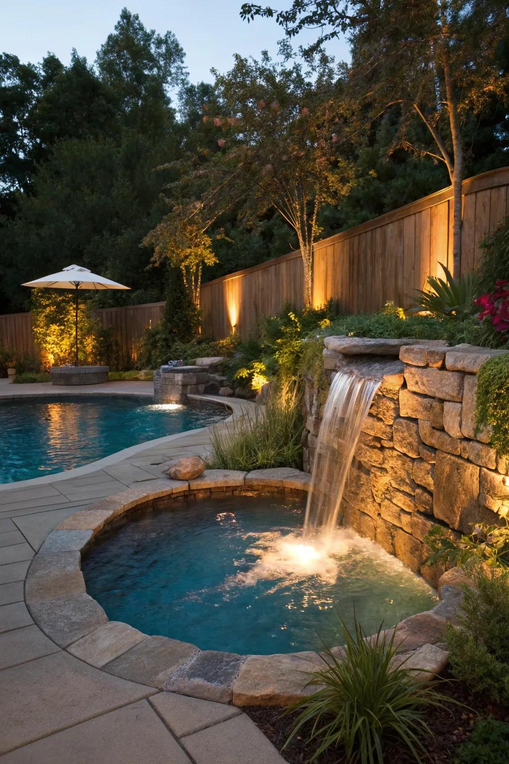 A waterfall turns a corner pool into a tranquil oasis.