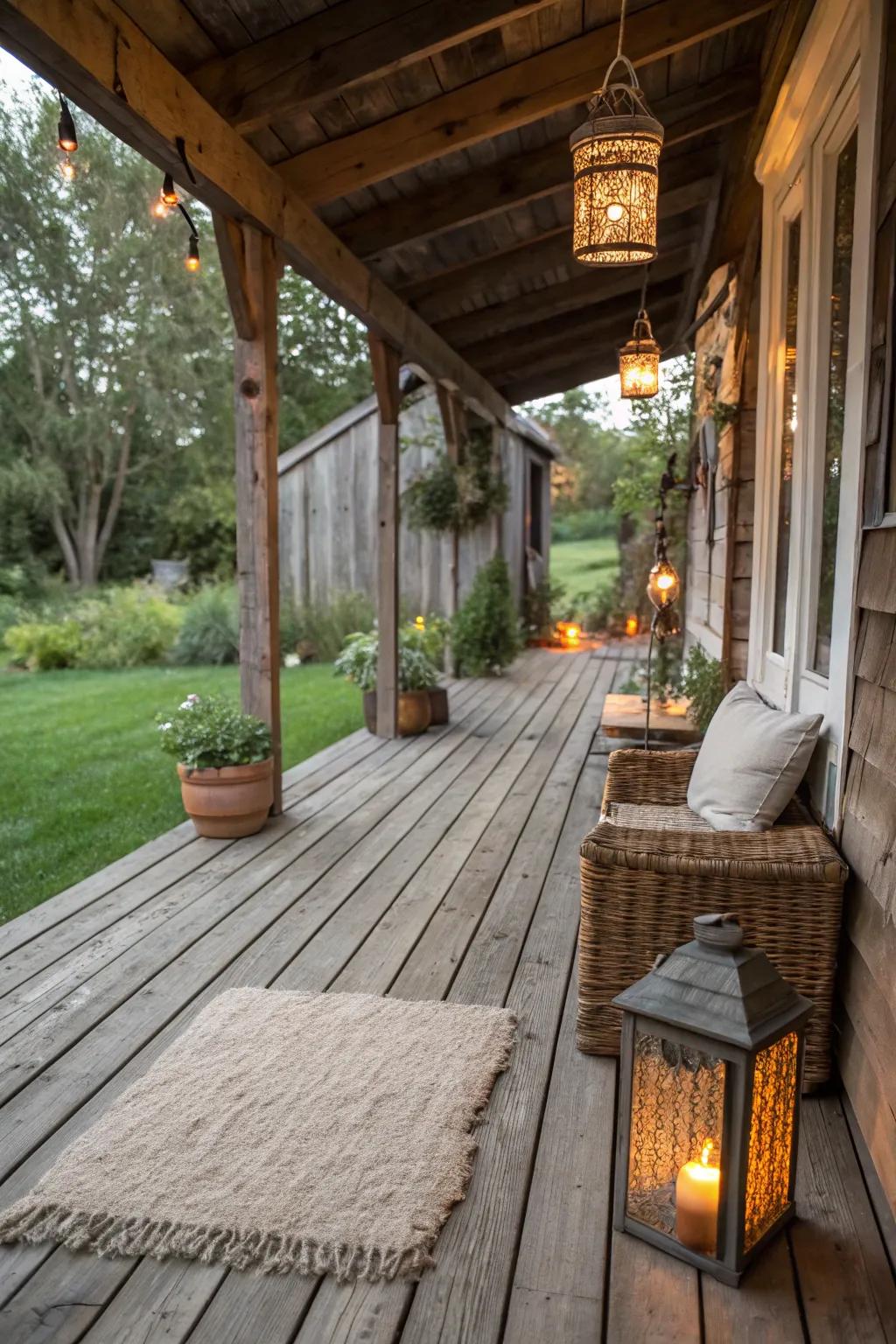 Rustic charm shines through on this cottage deck with simple, elegant decor.