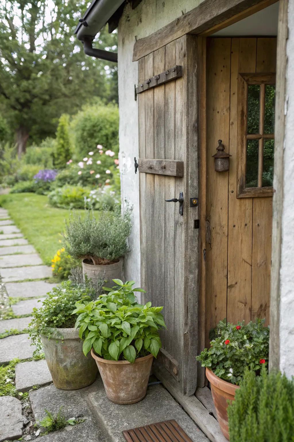 A rustic wood door complemented by potted herbs.