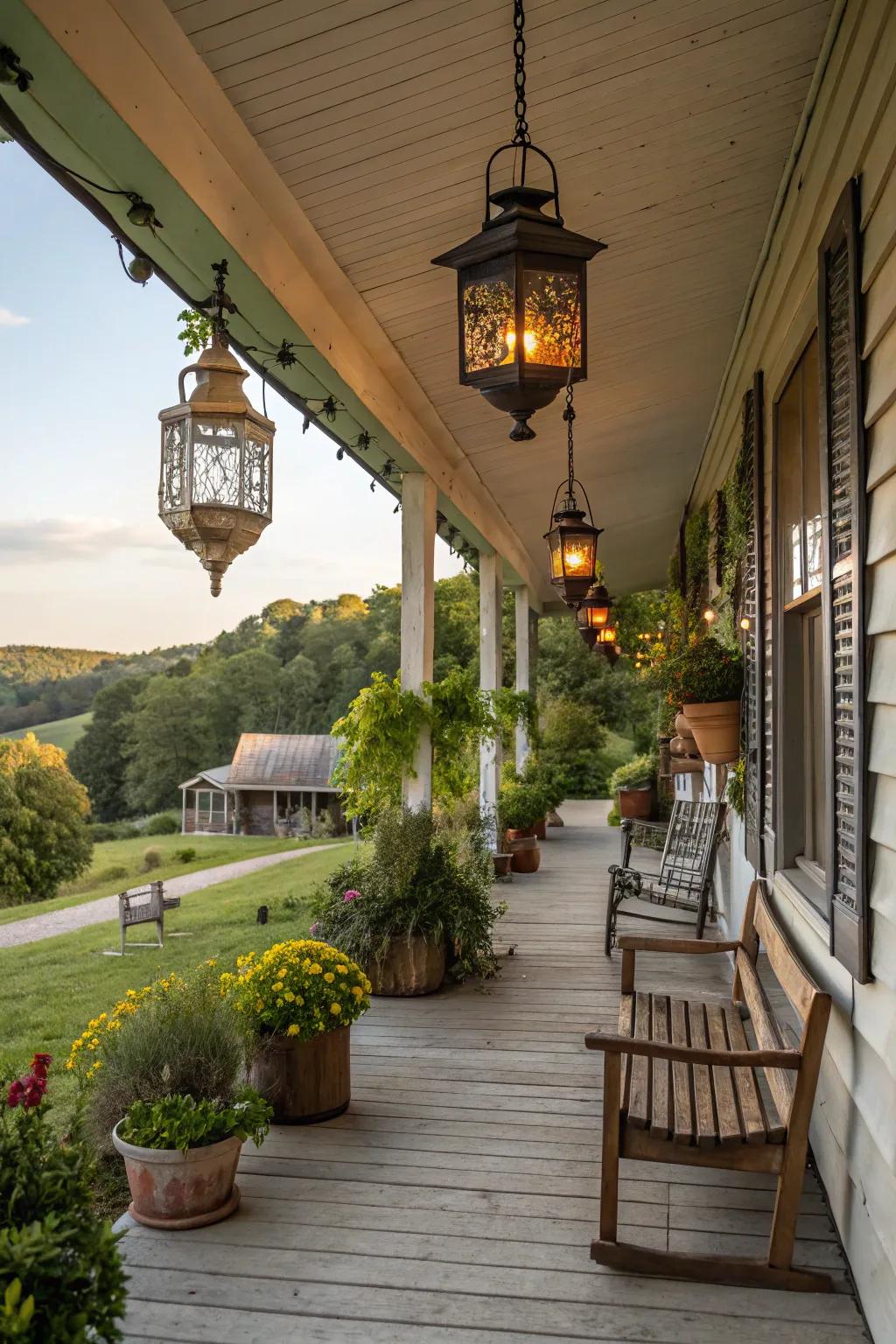 A charming cottage porch featuring vintage and rustic touches.