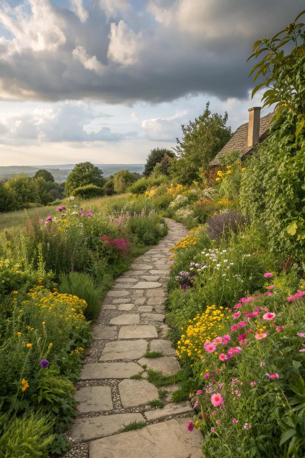 A charming stone path winding through a cottage garden.