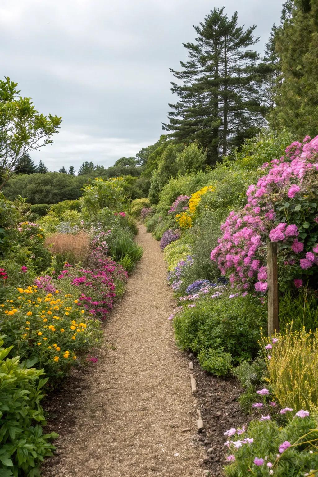 A natural mulch path weaving through a vibrant garden.
