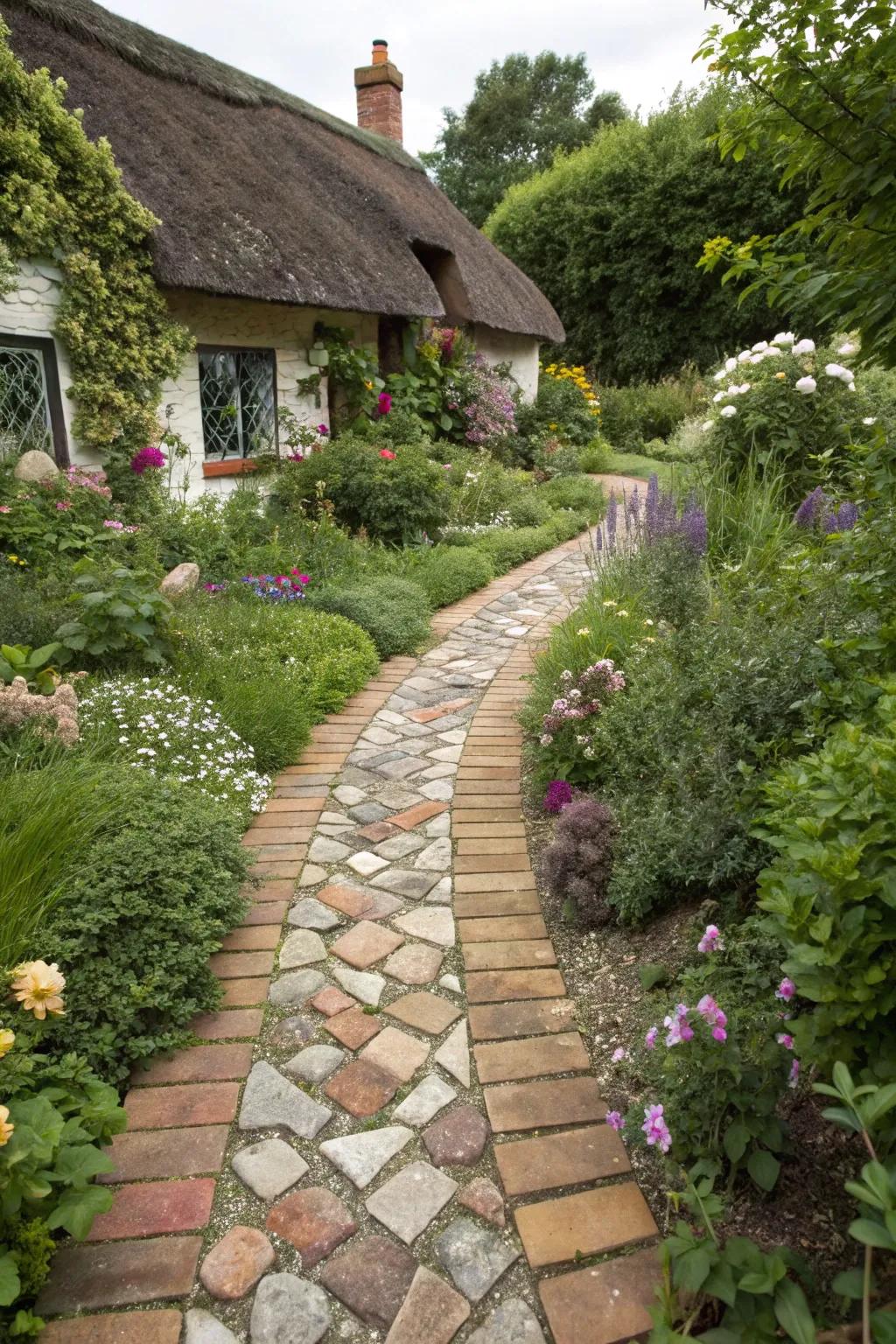 A mix of paving materials creates a unique and inviting garden path.