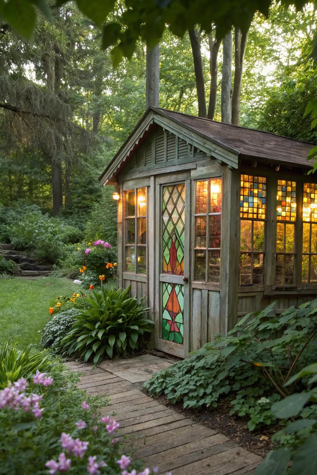 Vintage windows add charm and light to this garden shed.