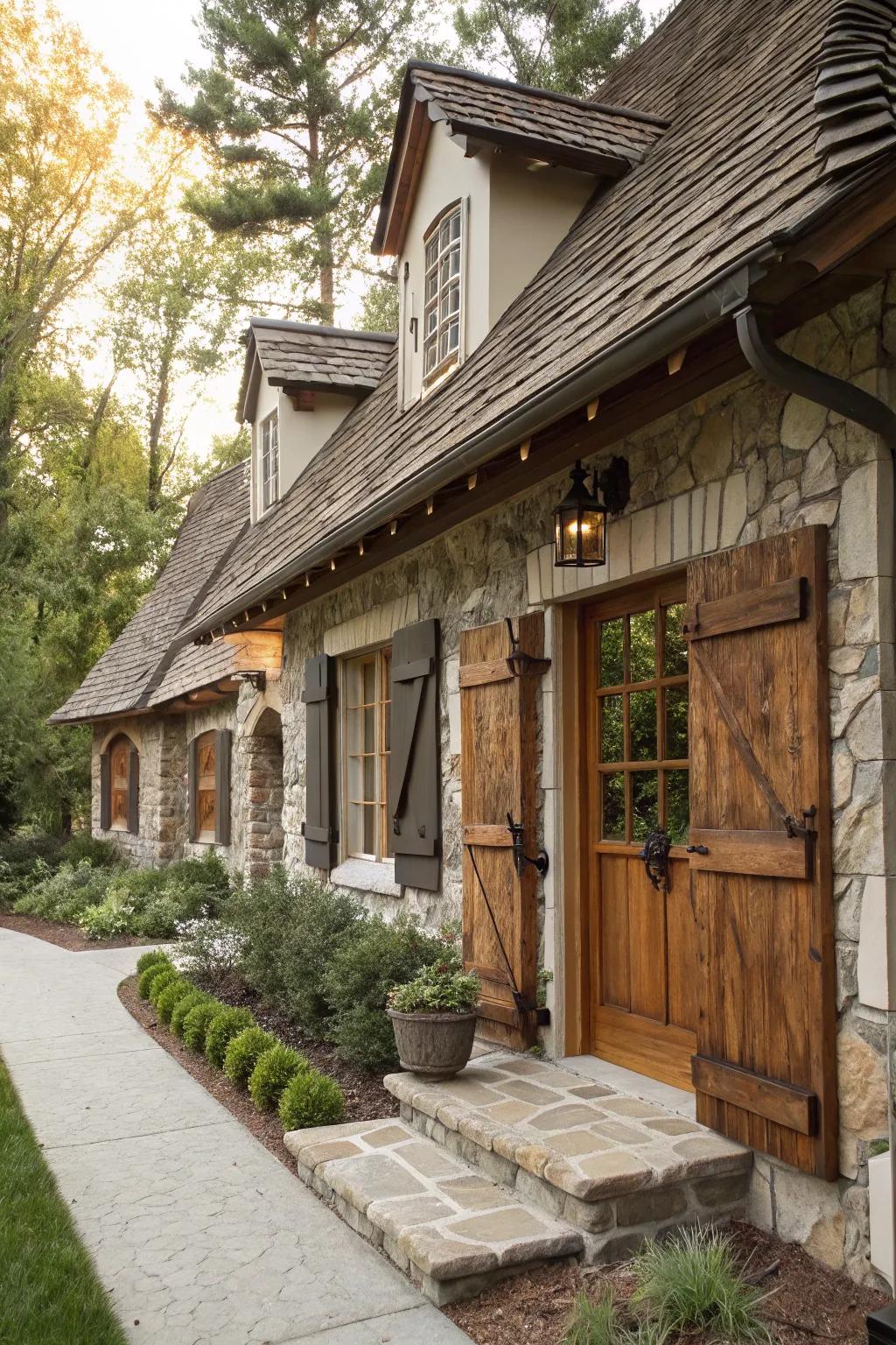 A cottage-style home with rustic wooden shutters and stone accents.