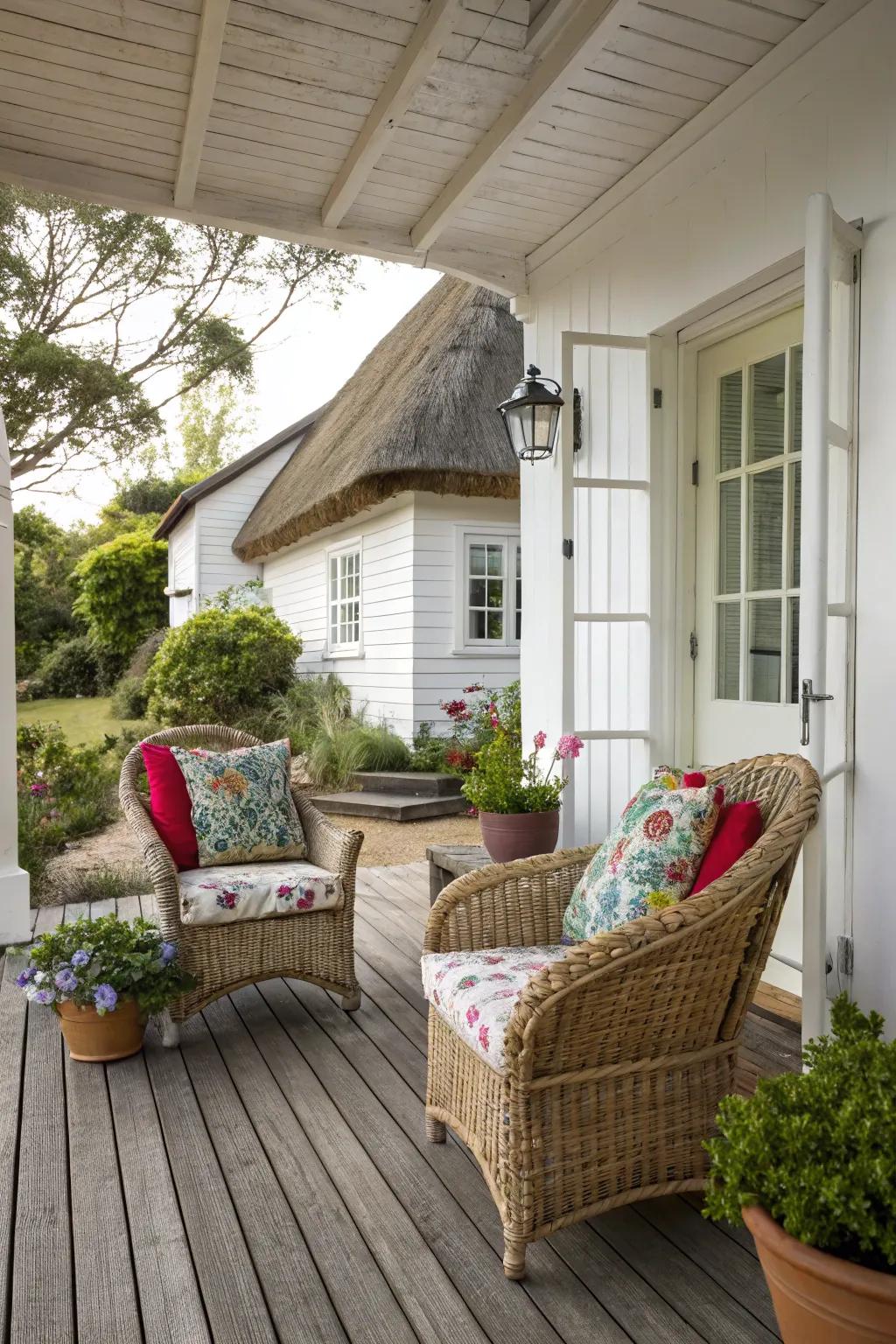Wicker furniture provides a comfortable and casual seating area.