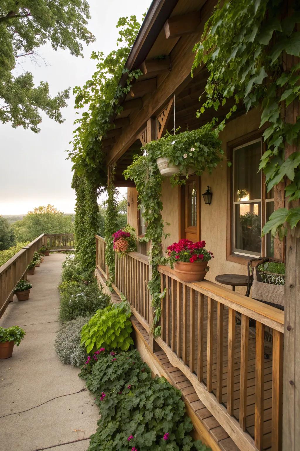 Natural elements create a lush and inviting porch atmosphere.