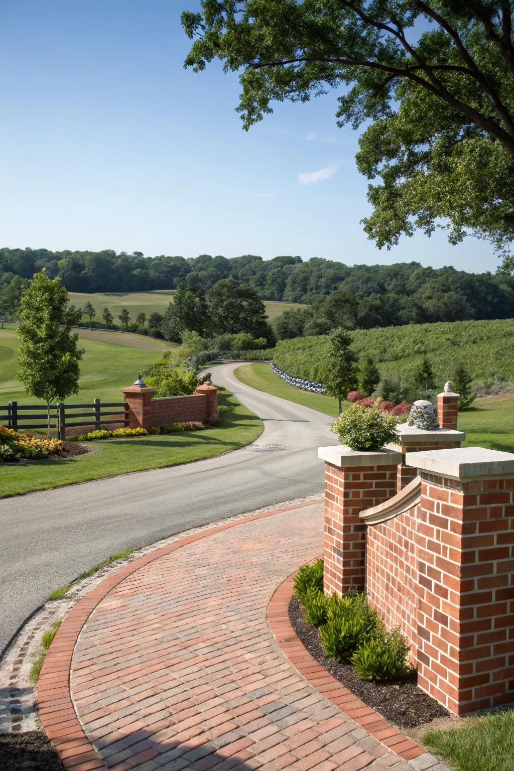 A country driveway featuring charming brick accents, enhancing its rustic appeal.