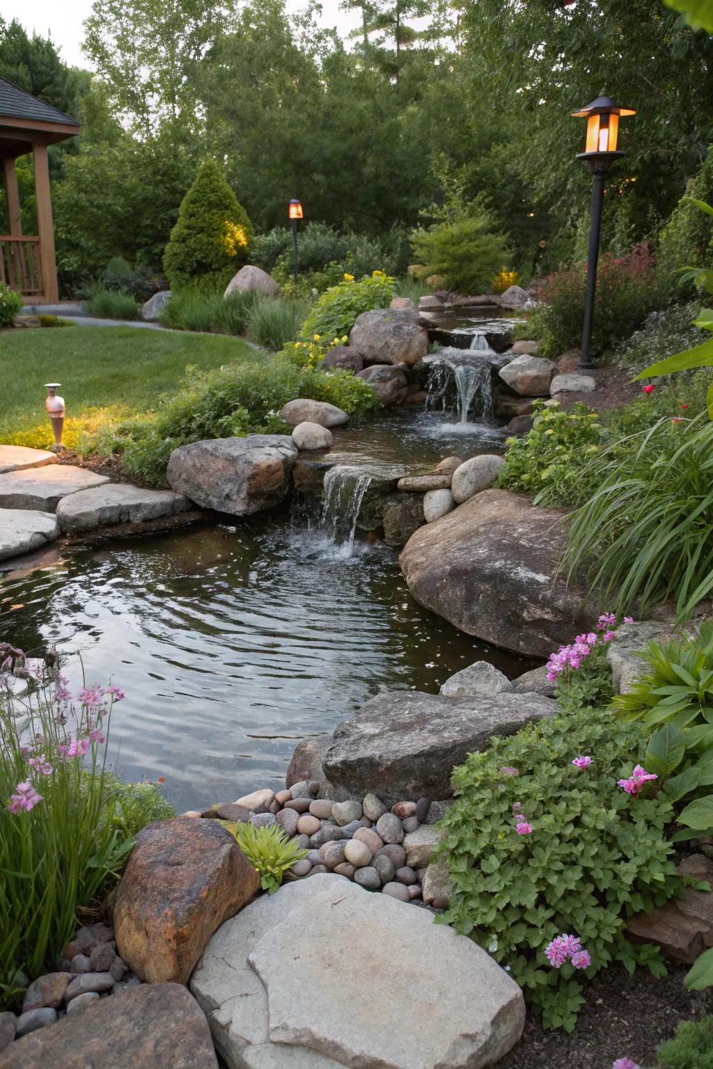 A peaceful garden pond with rocks and gently flowing water.