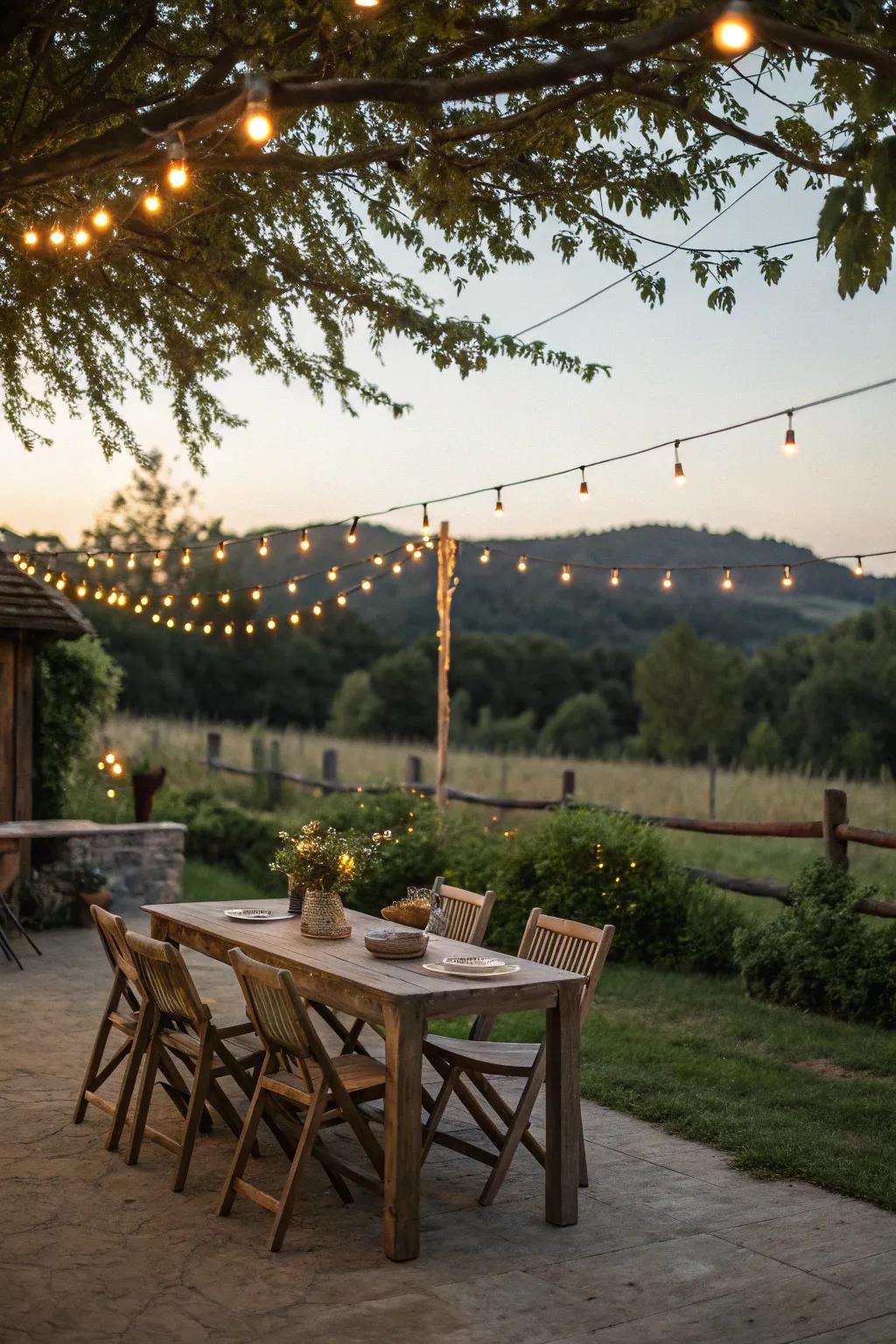 String lights adding a magical ambiance to the patio.