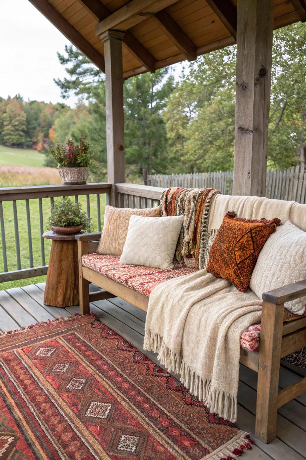 Layered rugs and throws create a cozy atmosphere.