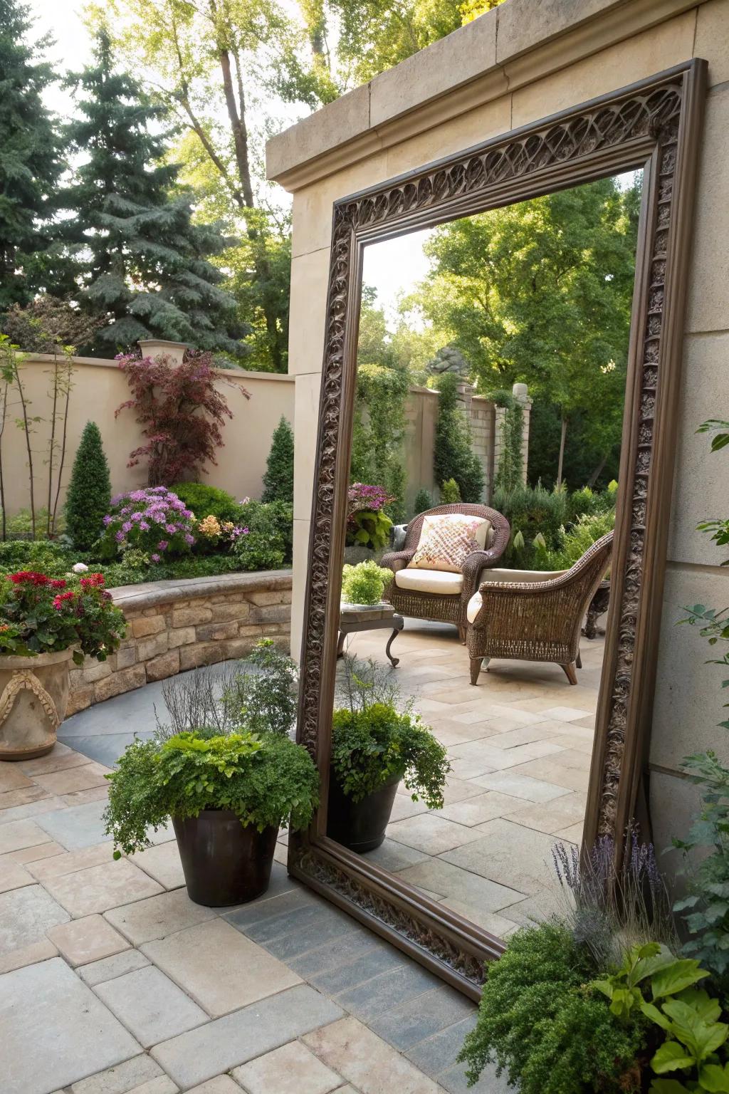 Mirrors can double the perceived space and add elegance to a courtyard.