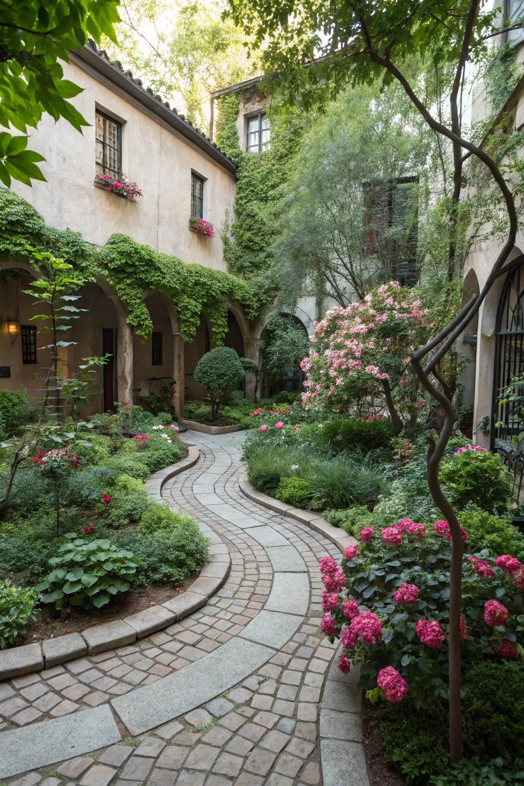 A whimsical courtyard with inviting stone pathways.