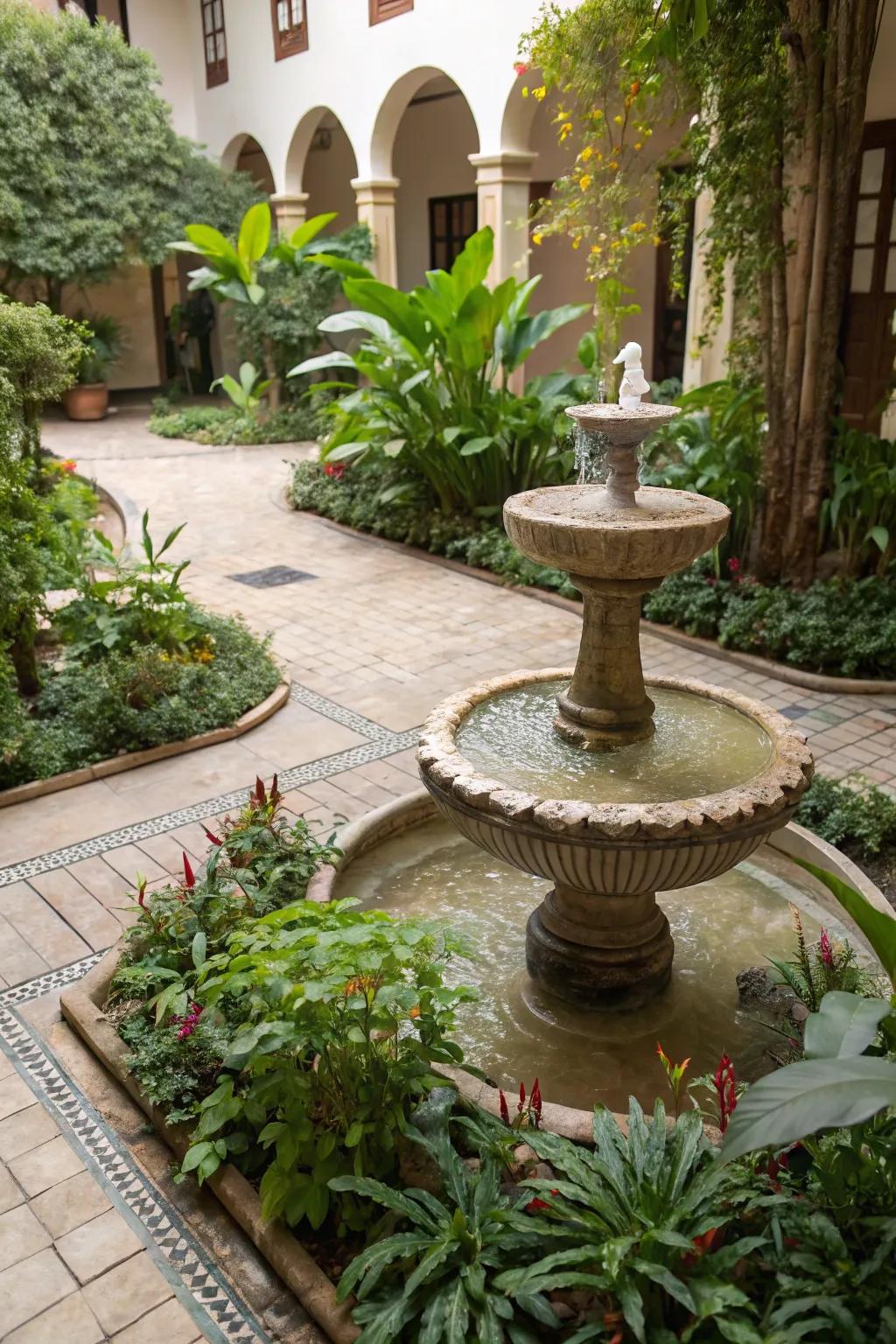 A tranquil water feature bringing serenity to the courtyard environment.