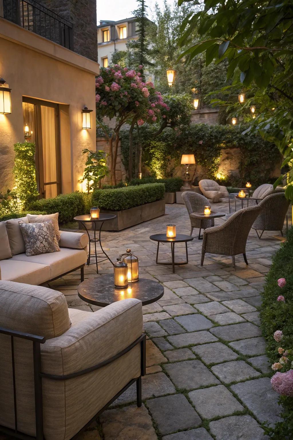 A cozy outdoor living space with inviting seating and lighting.