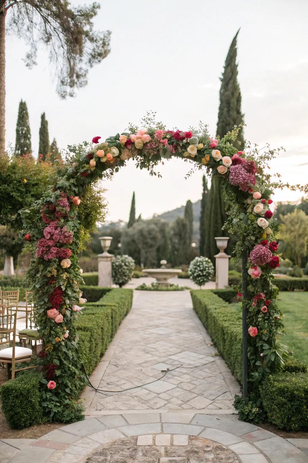 A stunning floral arch welcomes guests to the ceremony.