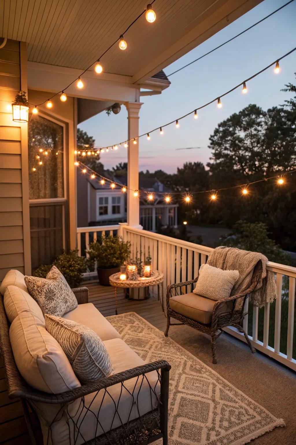 Ambient lighting transforms the balcony into a dreamy retreat.