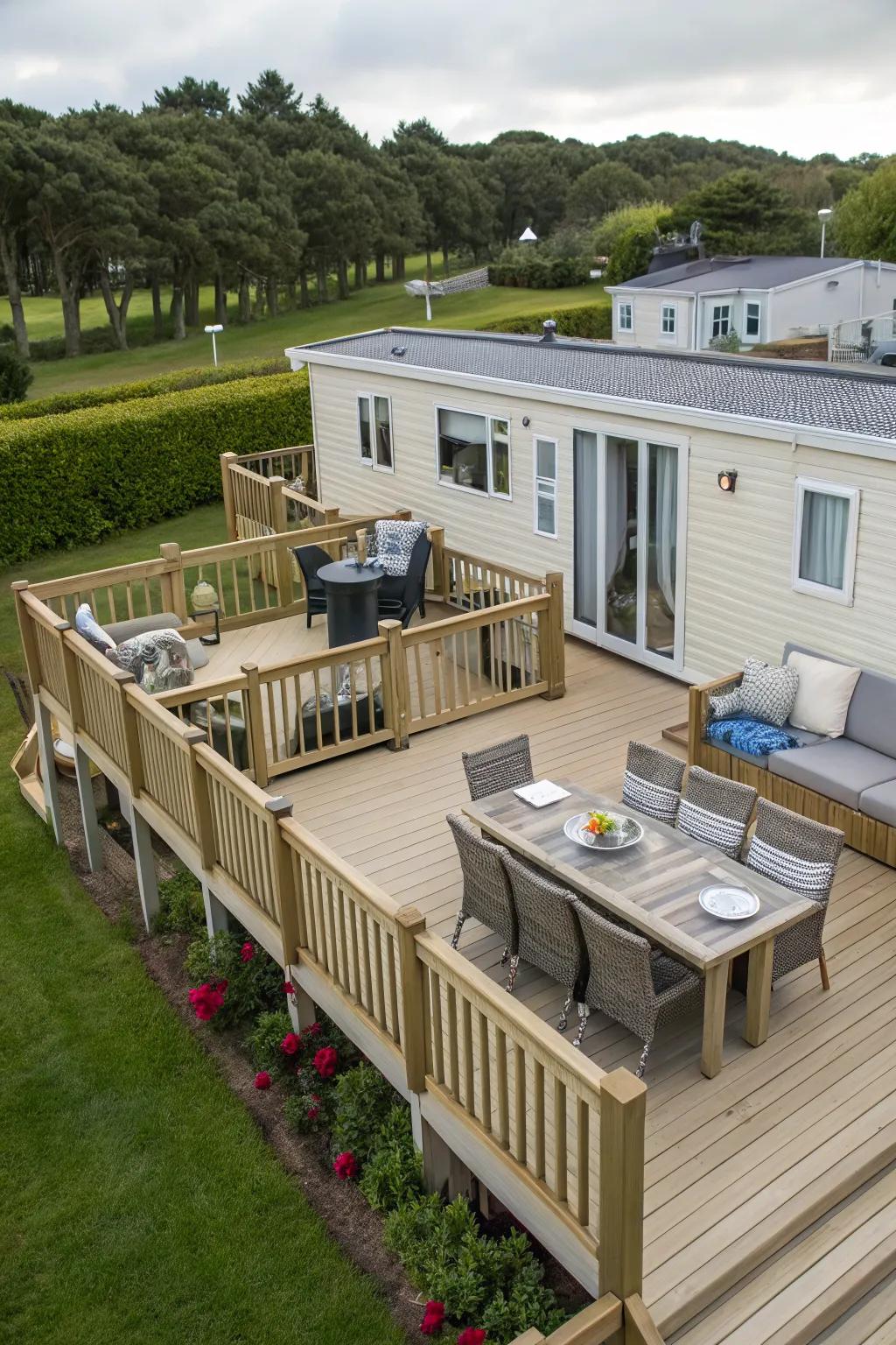 Efficient use of space with a multi-level deck, perfect for dining and relaxing.