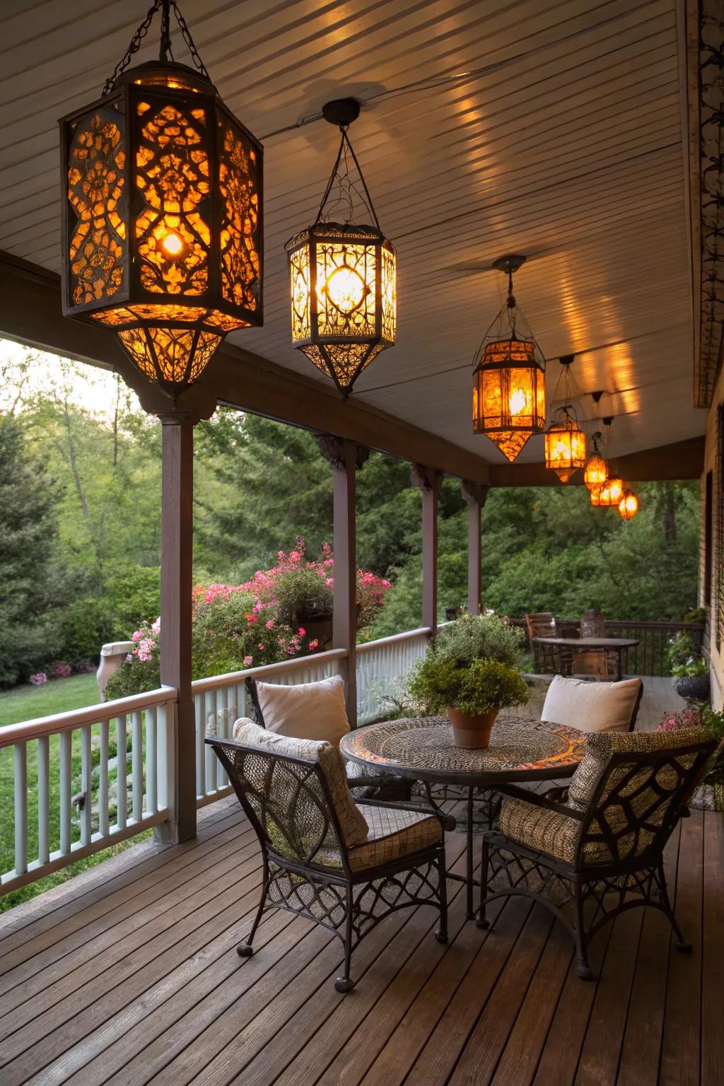 Decorative lanterns add a rustic touch and warm lighting to a covered deck.