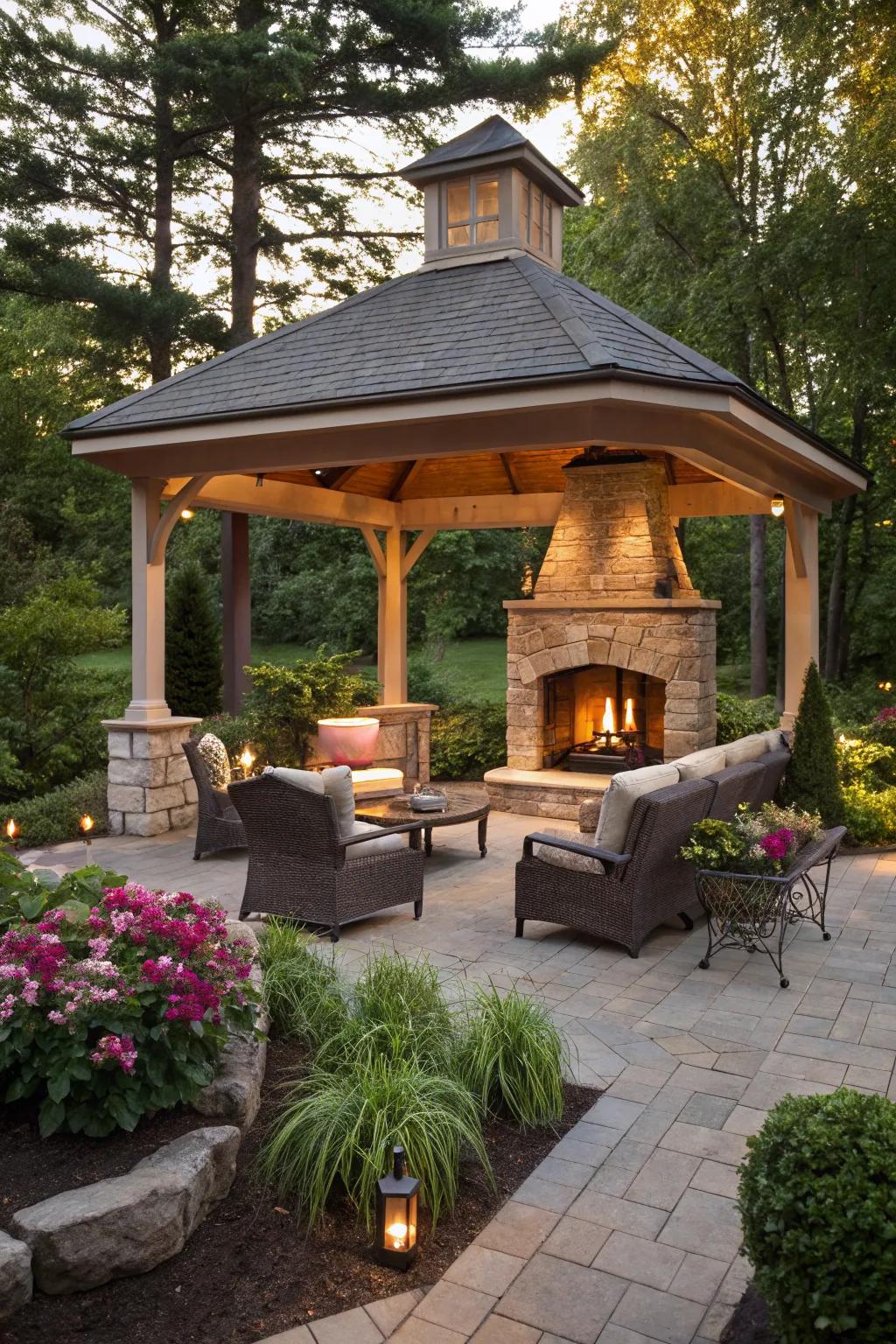 An outdoor fireplace pavilion creates an inviting living room feel outdoors.