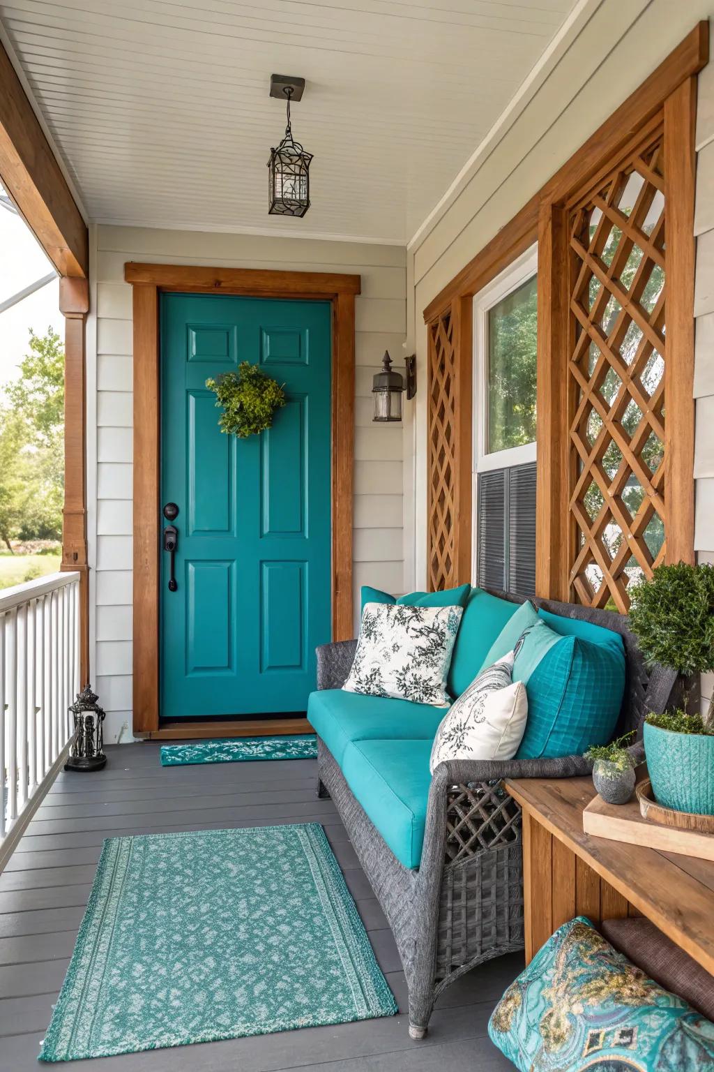 A bold front door color adds character to the porch.