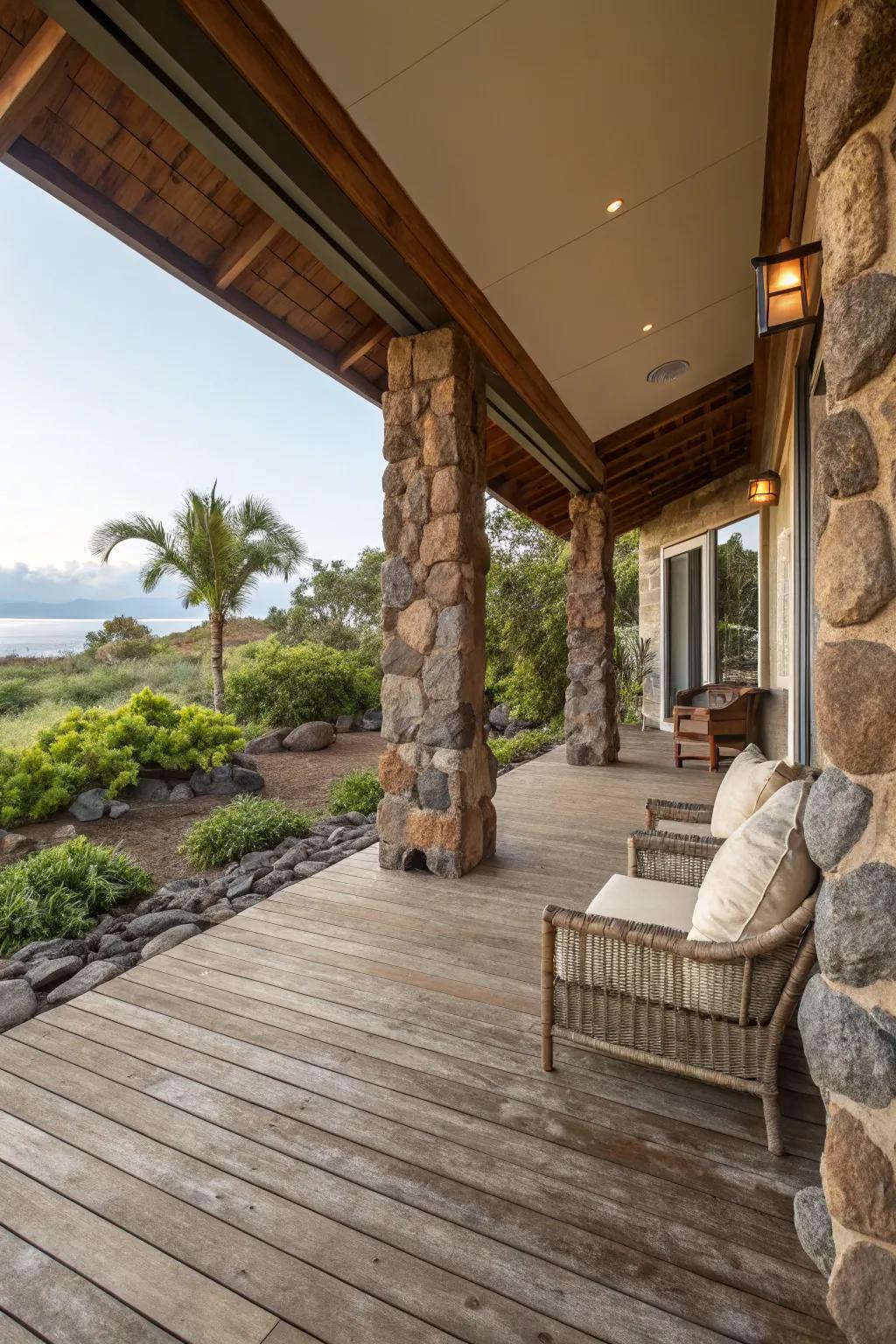 Natural elements bring an earthy vibe to the lanai.