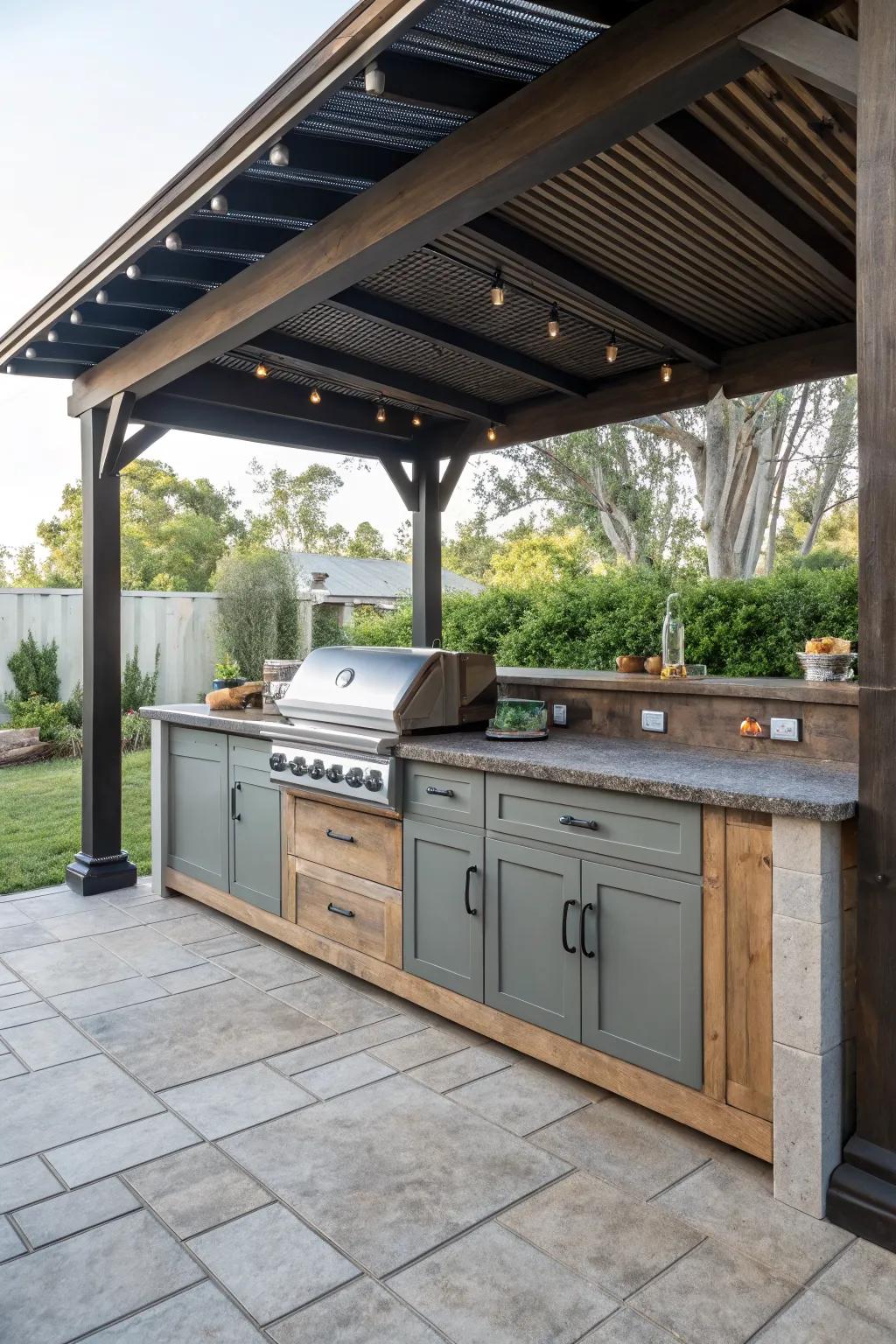 An outdoor kitchen setup with plenty of storage and prep space.
