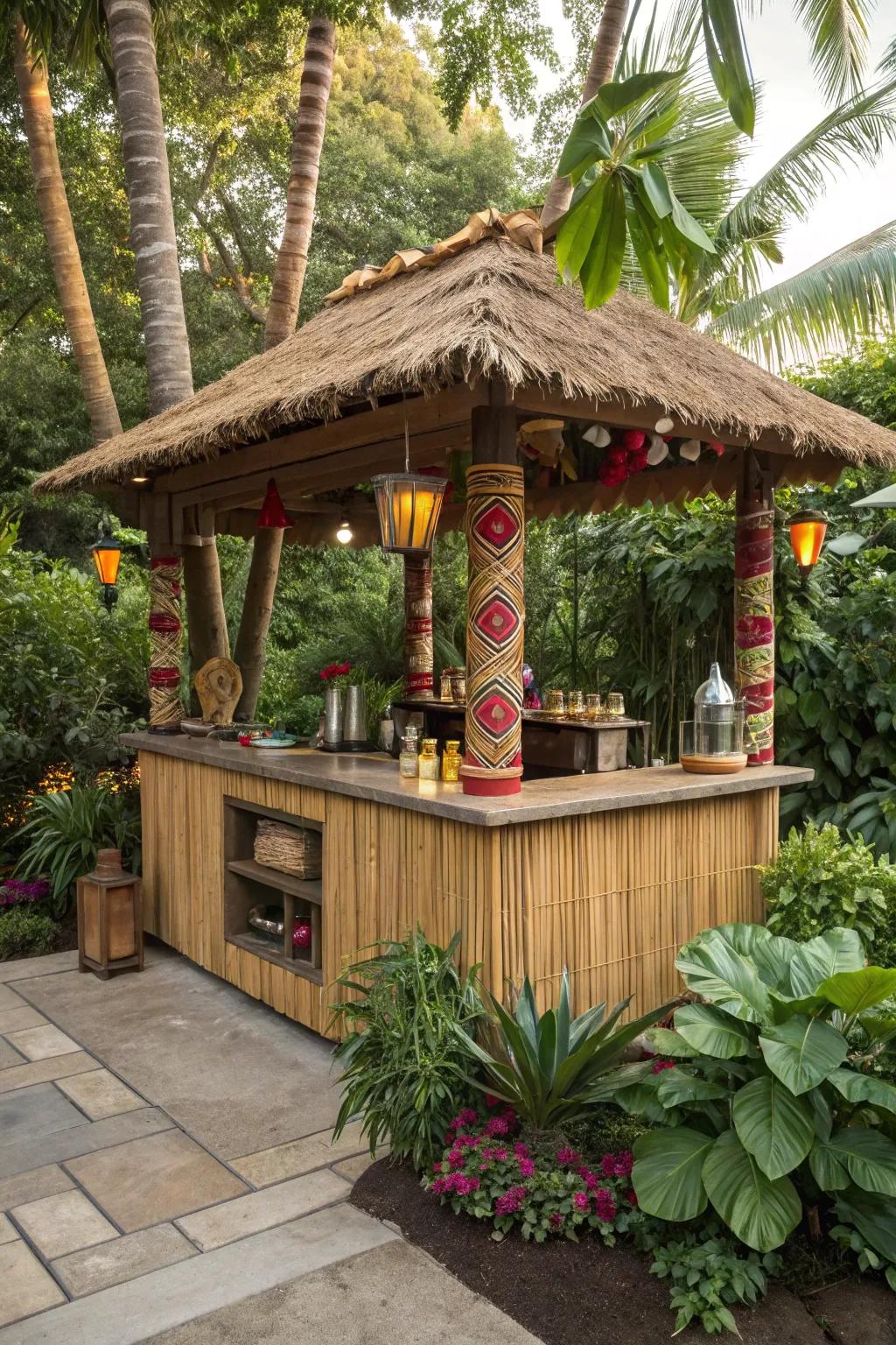 An inviting tiki bar setup brings tropical vibes to any backyard.