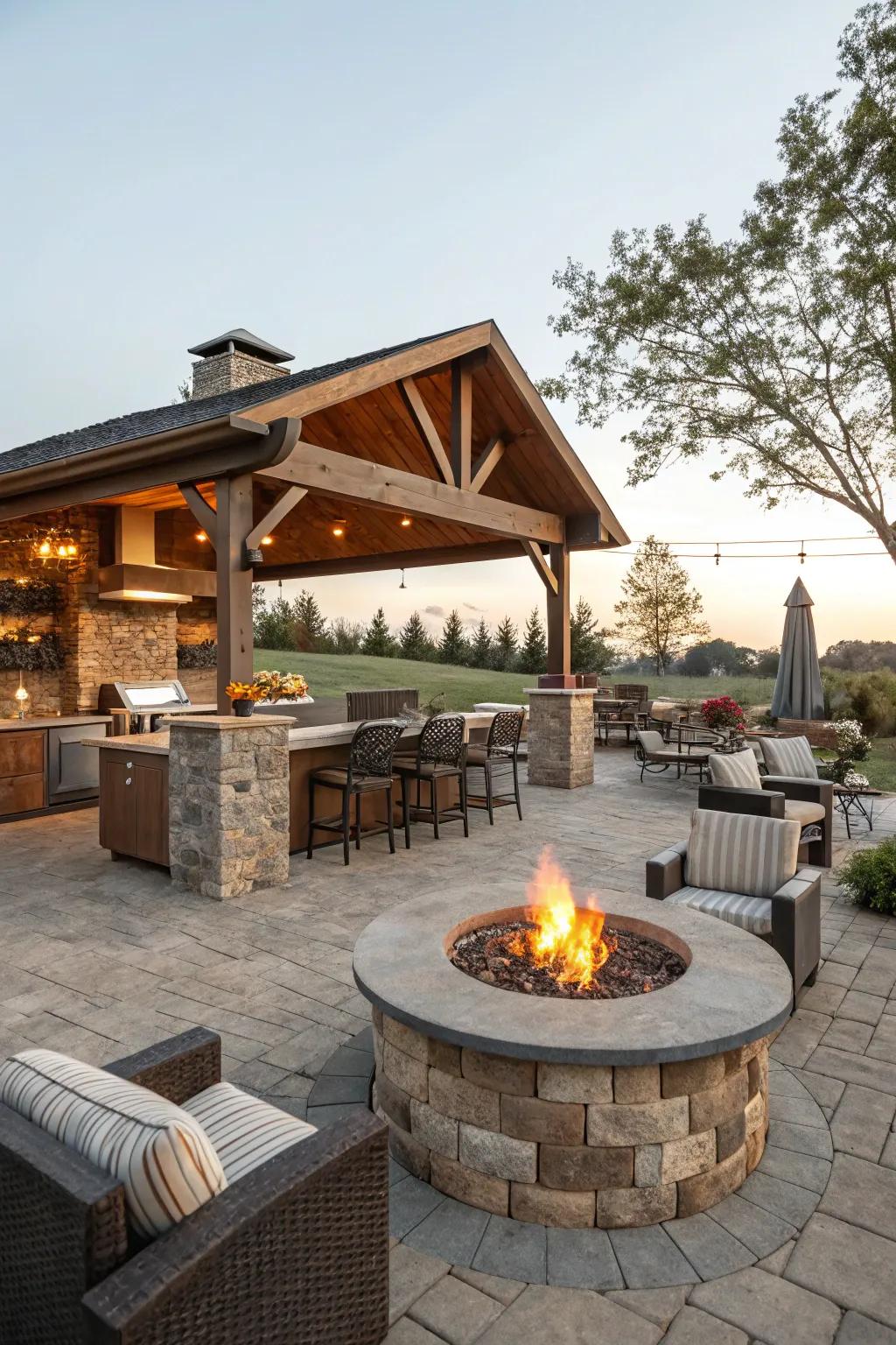 Combine a fire pit with your outdoor kitchen for a cozy atmosphere.