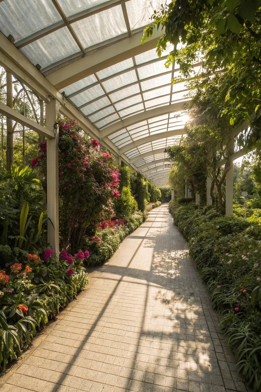 A walkway with a translucent roof that plays with light.