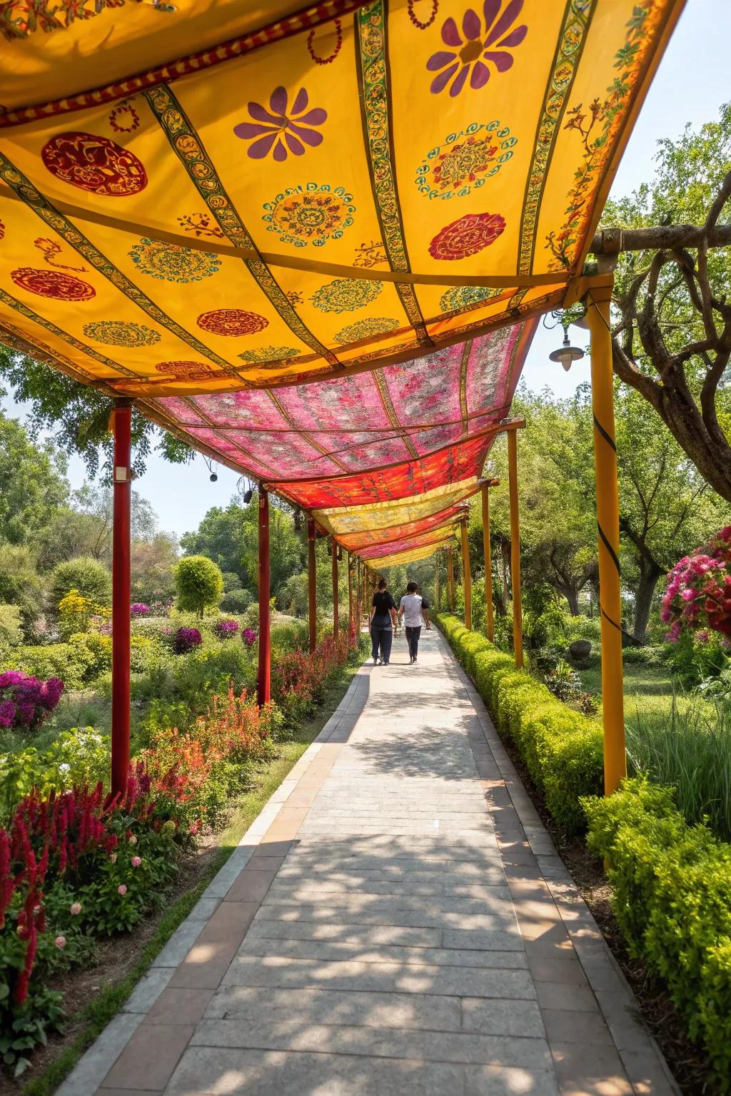 A colorful canopy adds vibrancy and life to this walkway.