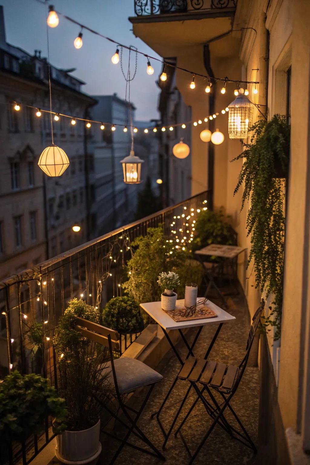 String lights create a warm, inviting ambiance on a small balcony.