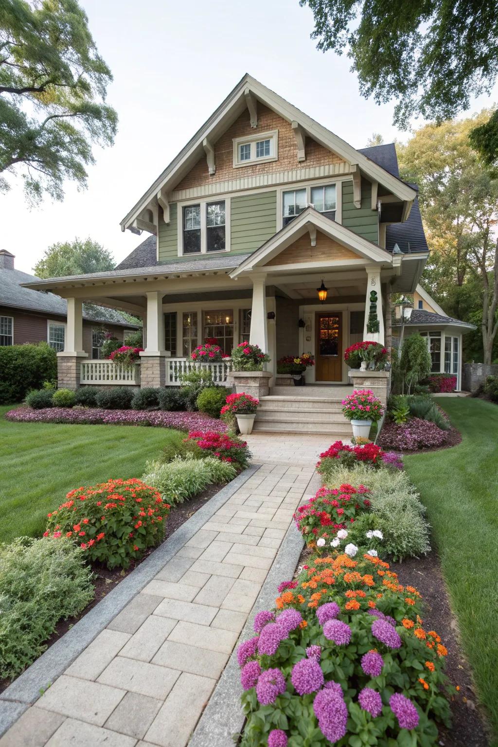 Symmetrical flower beds create a balanced look for this craftsman house.
