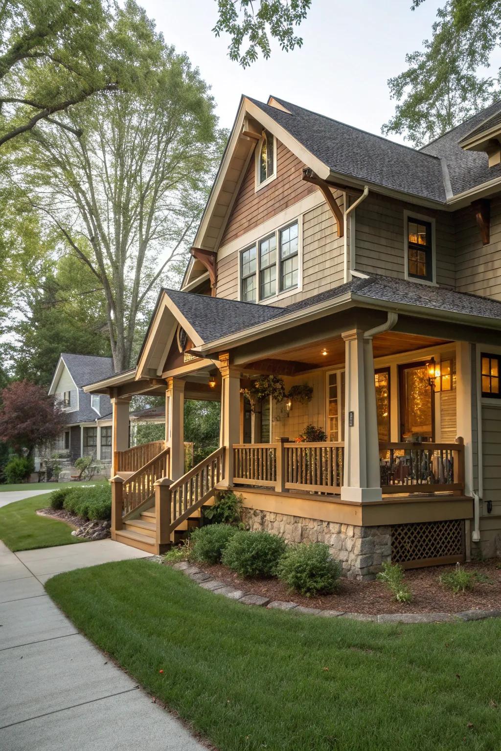 Board and batten siding adds vertical charm to this Craftsman home.