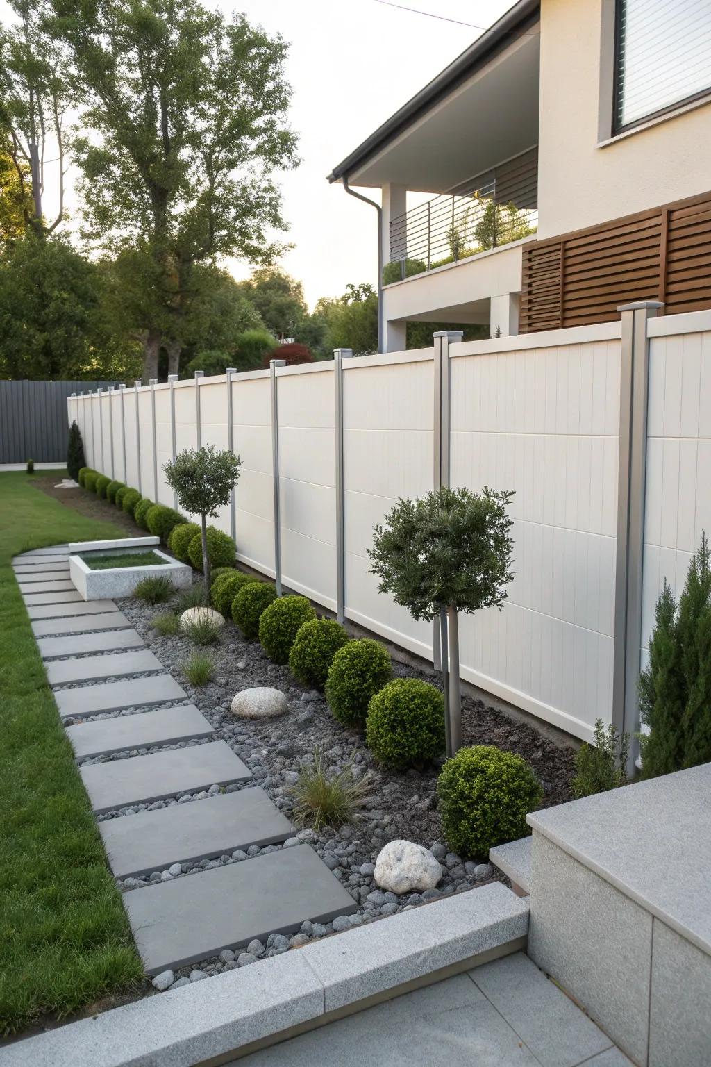 A modern fence with clean lines that complements a minimalist garden design.