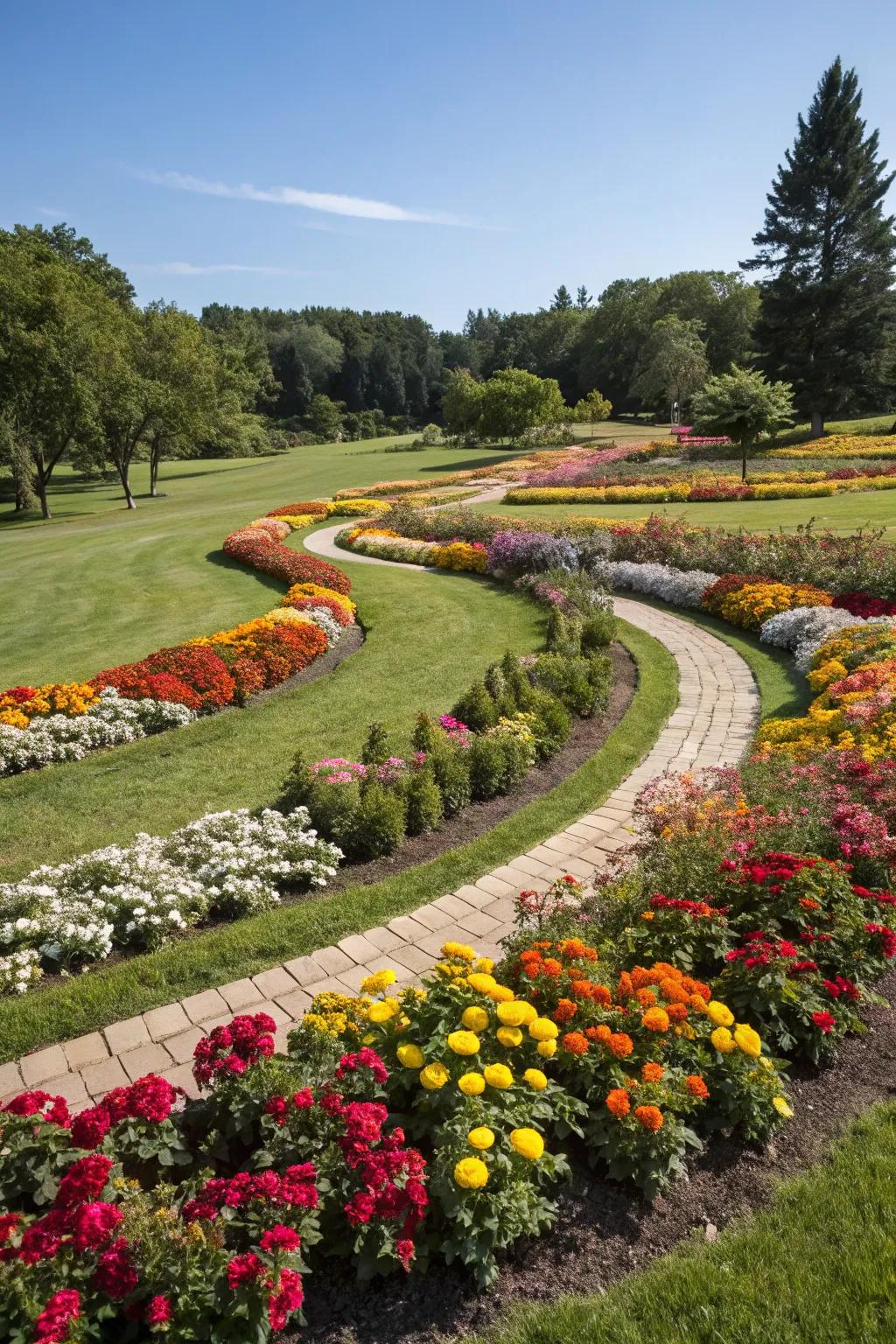 Curved flower beds create dynamic and eye-catching garden forms.