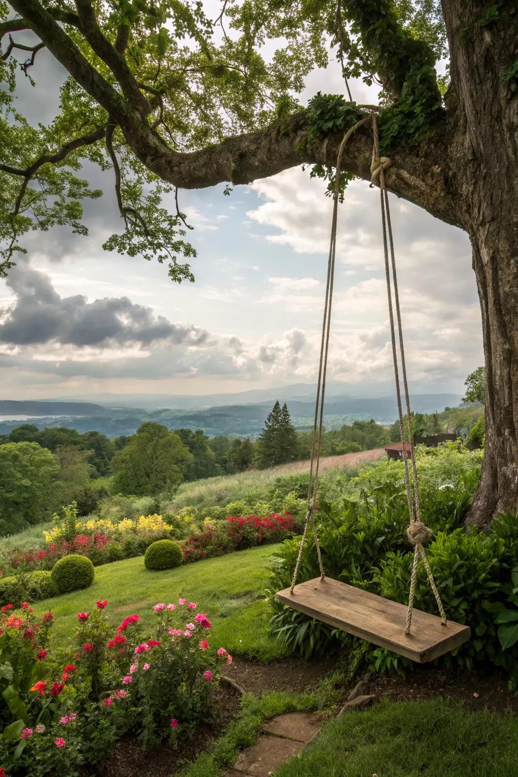 Classic tree swings evoke nostalgia and simple pleasures.