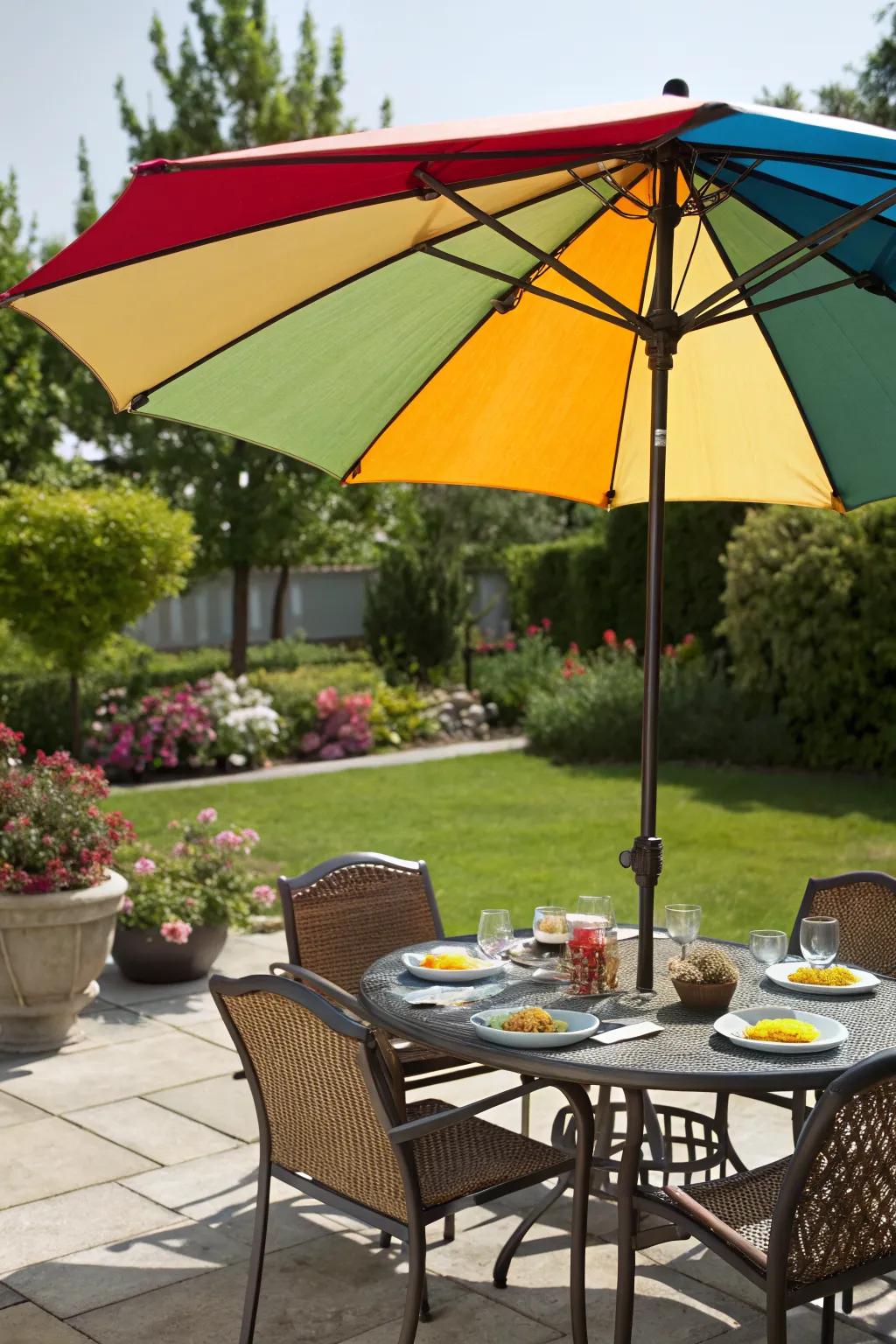 Patio umbrellas offer portable and colorful shade solutions.