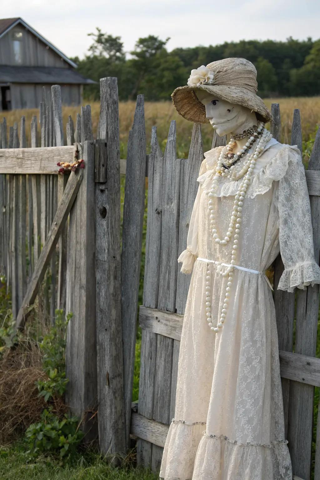 A vintage glam scarecrow bringing elegance to the garden.