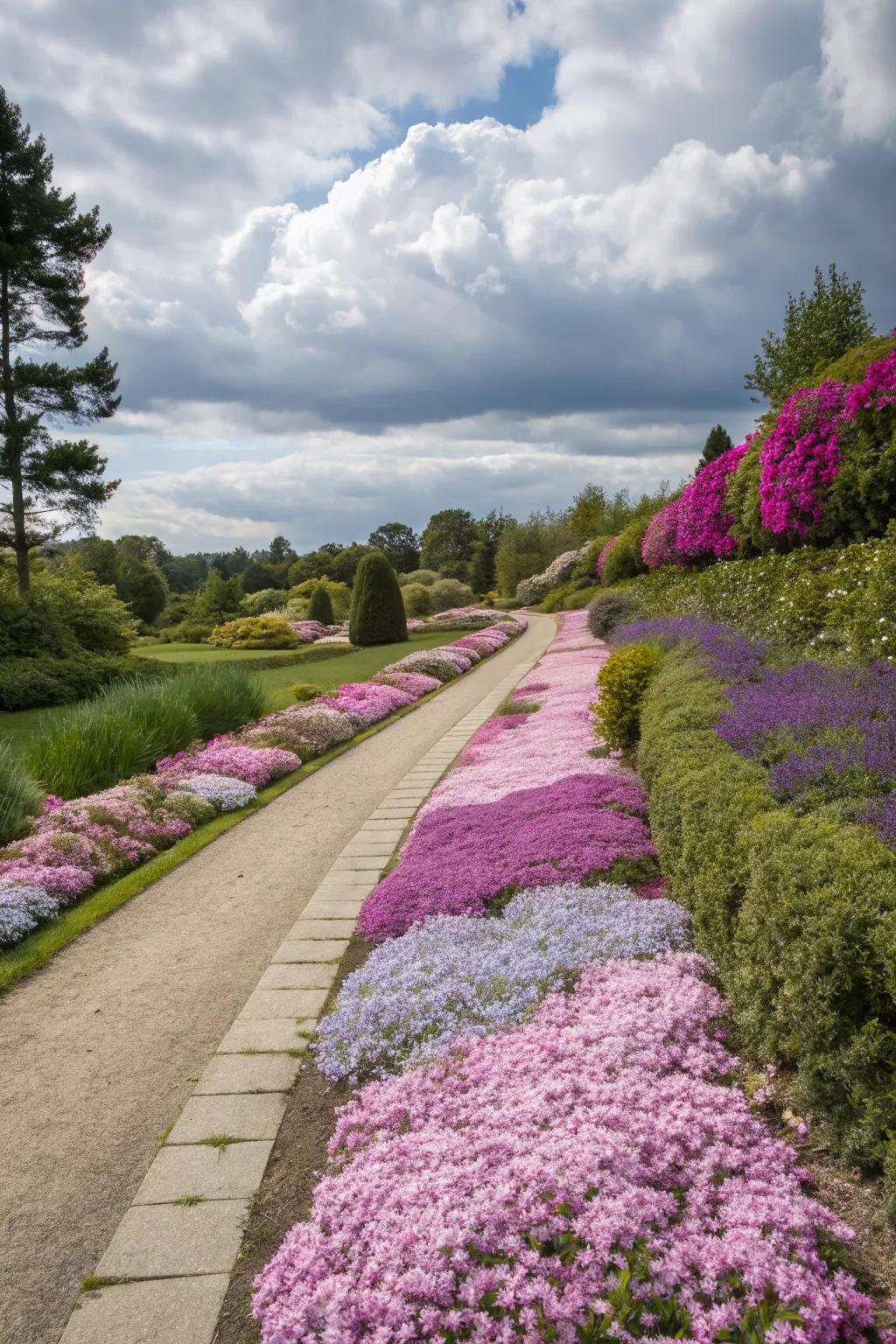 Creeping phlox as a colorful pathway edge.