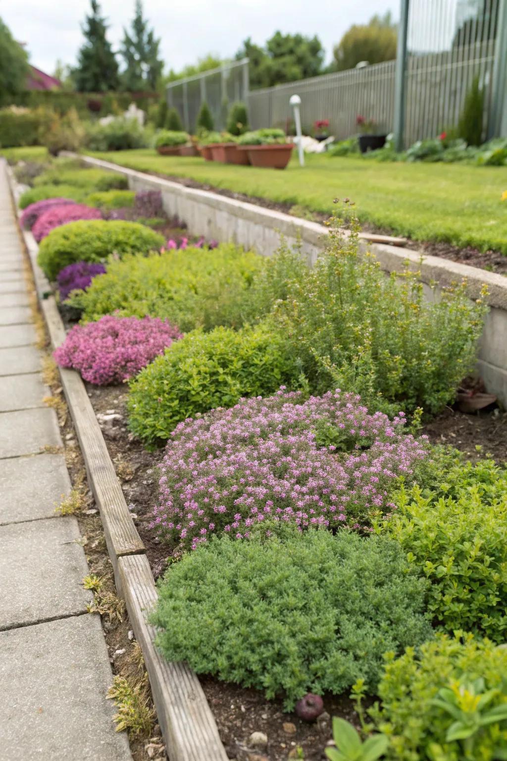 Define garden spaces with the colorful borders of creeping thyme.