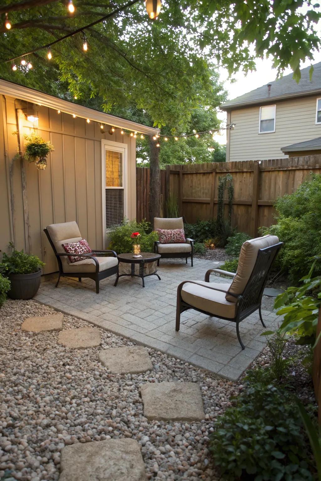 Relax on a stylish and easy-care crushed stone patio.