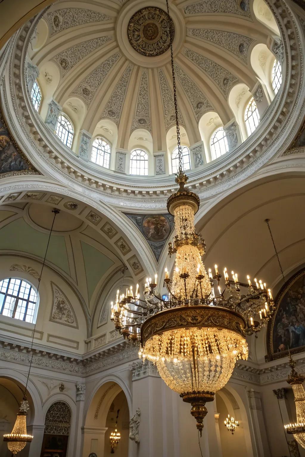 A chandelier creating a grand statement inside a cupola.